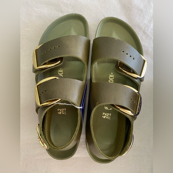 Birkenstock Milano Big Buckle Olive Green Sandals with Gold Hardware Accents W11 - Picture 6 of 11